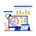 Time management concept with character, clock and graphs. People stand near computer and planning day in order to manage time and
