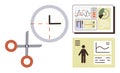 Time Management Concept with Clock, Data Charts, Scissors, and Analytics Visuals Royalty Free Stock Photo