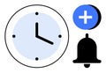 Time management concept with clock, bell icon, and add reminder symbol for scheduling and notifications Royalty Free Stock Photo