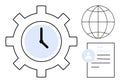 Time Management Concept with Clock in Gear, Globe, and Document Outline Icons Royalty Free Stock Photo
