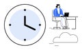Time Management and Remote Work Concept with Clock, Employee at Desk, and Cloud Icon Royalty Free Stock Photo