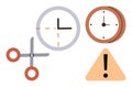 Time Management Concept with Clock, Scissors, and Warning Sign Elements Royalty Free Stock Photo