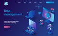 Time management concept 3d isometric web landing page. People manage time and work processes, schedule meetings, achieve goals,