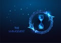 Time management concept with hourglass and cycle arrows symbol in futuristic glowing style on blue