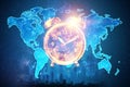 Time management concept, image of an alarm clock on the background of the earth map hologram. Business, clockwork, the passage of Royalty Free Stock Photo