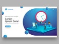 Time Management Concept Landing Page Design With Working Business People And Wall Clock Illustration On Shiny Blue Background.