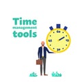 Time management concept. Man holds big stopwatch. Time management tools text. Flat style stock vector illustration. Isolated on Royalty Free Stock Photo
