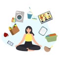 Time management concept, Multitasking woman flat vector illustration, Woman relaxing after house chores isolated vector