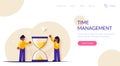 Time management concept. People stand near the hourglass. Modern flat vector illustration.