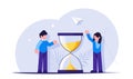 Time management concept. People stand near the hourglass. Modern flat vector illustration.