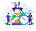 Time management concept with people work near a big clock and hourglass Royalty Free Stock Photo