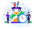 Time management concept with people work near a big clock and hourglass flat vector illustration Royalty Free Stock Photo