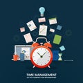 Time managemen. Clock, hourglass, to-do list, office supplies, laptop and smartphone. Flat illustration