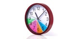 Time management concept: Round clock with a colored dial and action plan for a day on a white background.