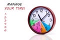 Time management concept: Round clock with a colored dial and action plan for a day on a white background.