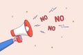 Time management concept. Scream loud on megaphone with words NO. Refuse to do wrong things. Learn to say no, leadership