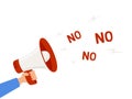 Time management concept. Scream loud on megaphone with words NO. Refuse to do wrong things. Learn to say no, leadership