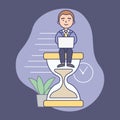 Time Management Concept. Successful Businessman Is Sitting On The Hourglass And Working On The Laptop. Brainstorming Royalty Free Stock Photo