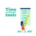 Time management concept. Woman holds yellow pencil standing near big to do list. Time management tools text. Flat style stock