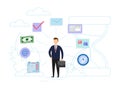 Time management, control concept. Businessman near huge sandclock with business icons. Flat style. Vector illustration. Royalty Free Stock Photo