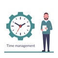 Time management, control. Isolated on background. Businessman stang near huge clock. Organization of process. Cute Happy