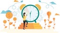 Time management, control. Vector illustration flat design. Isolated on background. Businessman run along gear in form of Royalty Free Stock Photo