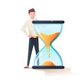 Time management, control. Vector illustration flat design. Isolated on background. Businessman stang near sandclock.