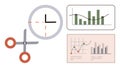 Time Management and Data Analysis Concept with Clock, Scissors, and Analytical Charts Royalty Free Stock Photo