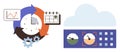 Time Management and Data Analytics Concept with Clock, Calendar, Graphs, and Cloud Symbols Royalty Free Stock Photo