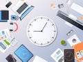 Time management deadline business timing concept top angle view desktop laptop smartphone tablet screen clock paper