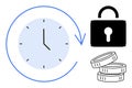Time Management, Financial Security, and Savings Concept with Clock, Coins, and Lock Icons Royalty Free Stock Photo