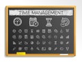 Time management hand drawing line icons. chalk sketch sign illustration on blackboard Royalty Free Stock Photo