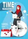 Time management with a hooded female illustration over a wall clock