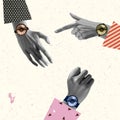 Keeps time. Human hands aesthetic wearing hand watches on light background, artwork. Concept of business, community