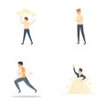 Time management icons set cartoon vector. Hurrying and running office worker