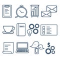 Time management icons set.Outline style.Alarm clock, letters, clipping board, board with graph, cup, folder with report
