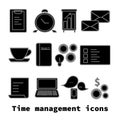 Time management icons set.Simple style. Alarm clock, letters, clipping board, board with graph, cup, folder with report