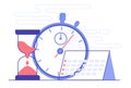 Time management illustration with elements of planning and scheduling. Clock, stopwatch, calendar, hourglass. Flat