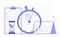 Time management illustration with elements of planning and scheduling. Clock, stopwatch, calendar, hourglass. Flat