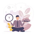 Time management. Illustration of a man sitting holding a clock in one hand, coins in the other hand, on the background a Royalty Free Stock Photo
