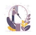 Time management. Illustration of a man standing on the stairs near the big clock and moves the arrows, on the background