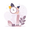 Time management. Illustration of a woman holding a clock in her hands with a dial, on the background a gear, hourglass Royalty Free Stock Photo