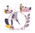 Time management. Illustration a woman stands on a stool near the big clock moves the arrows, a woman works at a laptop