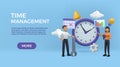 Time management landing page. 3D manager with clock and calendar. Busy work productivity. Website design template