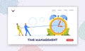 Time Management Landing Page Template. Business Characters Trying to Stop or Slowdown Time Pulling Alarm Clock Arrows