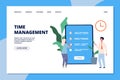 Time management landing page. Woman and business consultant, to do list or online planning app vector web page template