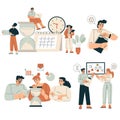 Time Management with Man and Woman Organizing Efficient Business Process Vector Set