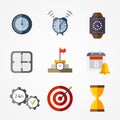 Time management planning and control. Clock, timer, speed, alarm, restore, calendar. Vector flat illustrations set. Royalty Free Stock Photo