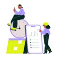 Mobile planning and time management with two professionals using digital devices, flat vector illustration symbolizing