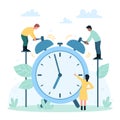 Time management, punctuality, tiny people hitting hammers to make alarm clock ring Royalty Free Stock Photo